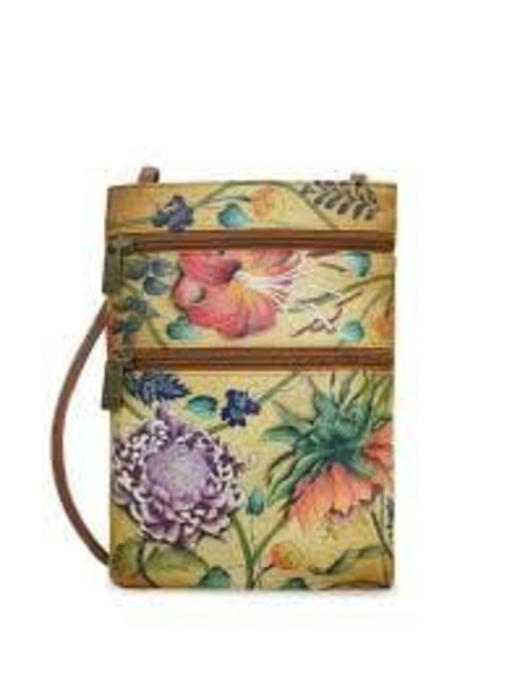 Anuschka Hand-Painted Caribbean Garden Leather Double Zip Travel Crossbody Bag